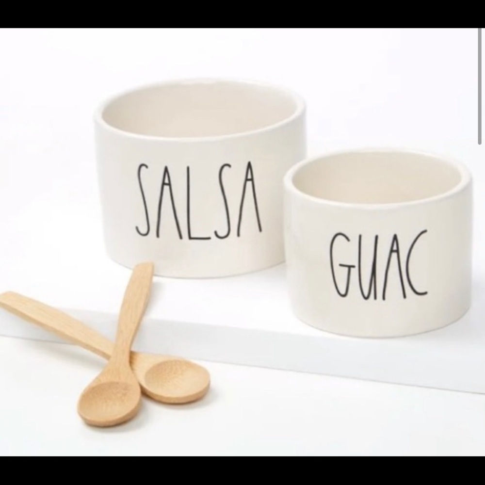 Brand New Rae Dunn Ceramic Guac And Salsa Bowl Set With Bamboo Spoons